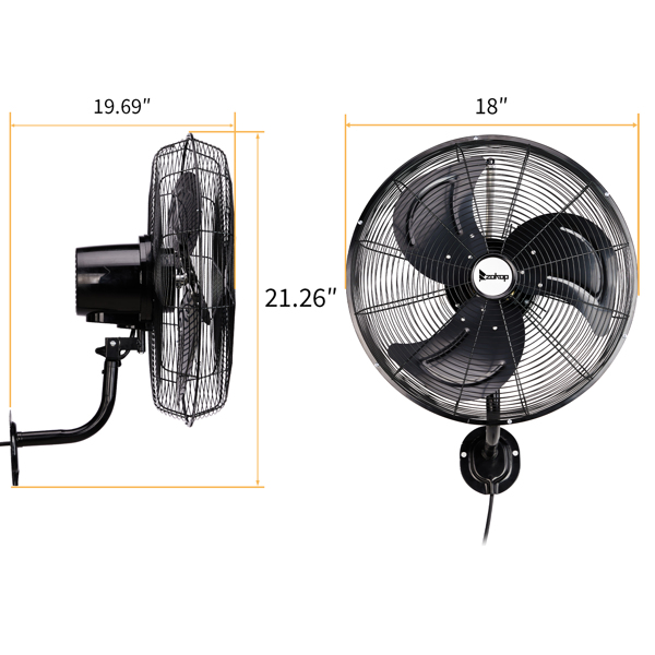 18inch High Velocity Wall Mount Fan Oscillating,Industrial Fan with 3 Speed Ventilation,4592CFM Indoor Wall Fan,70 Degree Horizontal Oscillation,Heavy Duty Metal Fan for Commercial, Garage, Work