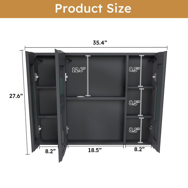 铝制药柜镜，35 x 28 英寸药柜，带 3 种颜色的 LED 灯和除雾功能，浴室镜柜，带化妆品收纳架和吹风机支架，灰色-1