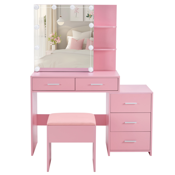 Pink Textured Particle Board with Melamine Laminate Five-Drawer Two-Shelf Sliding Door Mirror Cabinet Dressing Table Set with Three-Color Dimmable Bulb