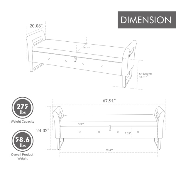 67.91"Wide Velvet Storage Soft Bench with Armrests  for Living Room, Entryway and Bedroom. GREEN