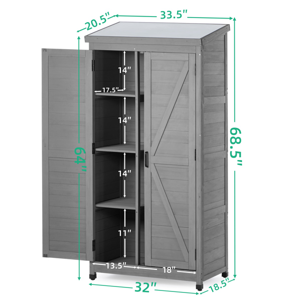 Outdoor Storage Cabinet and Metal Top,Garden Storage Shed,Outdoor 68 Inches Wood Tall Shed for Yard and Patio 