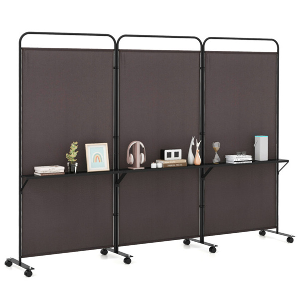 3-Panel Folding Divider with Lockable Wheels and 3 Metal Shelves Brown