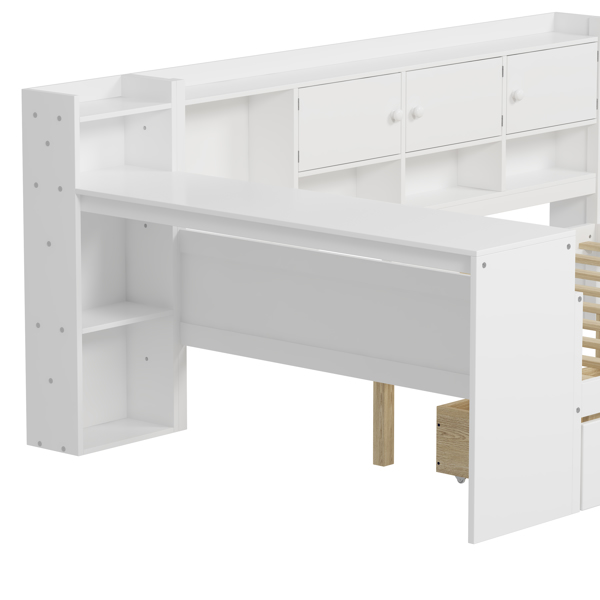 Wooden L-Shape Daybed with Seven Storage Cabinets and Two Storage Drawers, Multi-functional Bed with Study Desk and Built-in Bookshelf, White