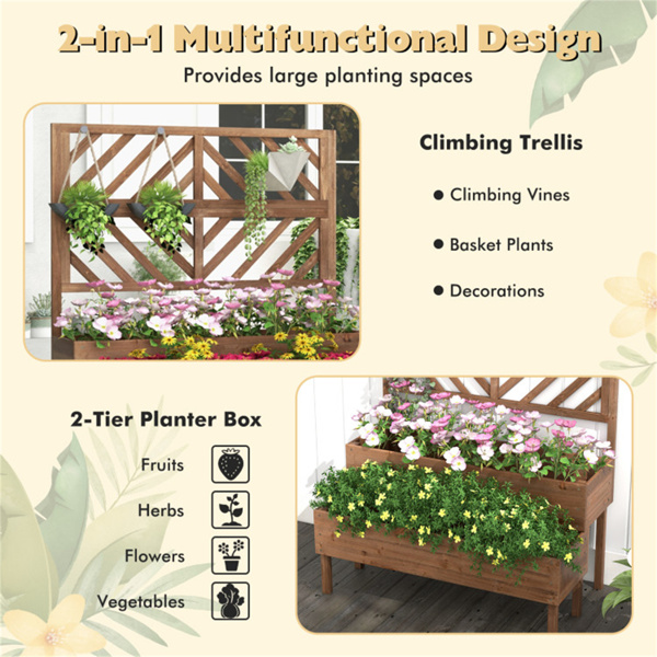 2-Tier Wooden Elevated Planter Box wwith Trellis