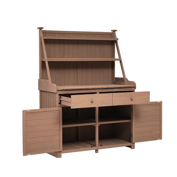 [Assembly Video Provided] 65inch Garden Potting Bench Table, Fir Wood Workstation with Storage Shelf, Drawer and Cabinet, Brown