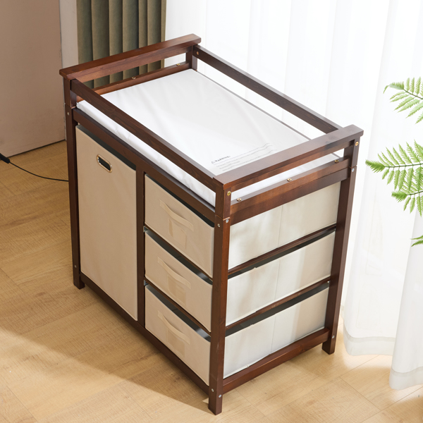 FCH Wooden Frame Removable Top Brown Painted Pine Children's Cot with 3 Fabric Drawers + 1 Fabric Bag