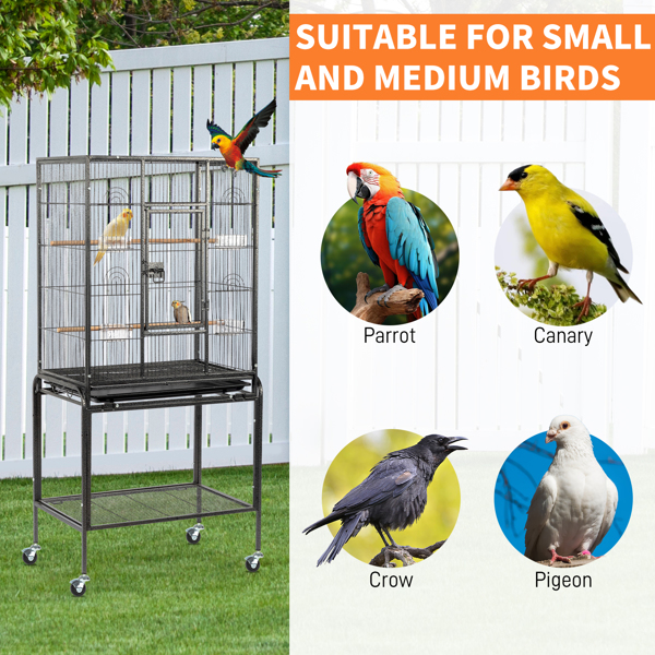 53" Large Flight Bird Cage with Rolling Stand & Storage Shelf for Parrots Lovebird Cockatiel Parakeets, Black