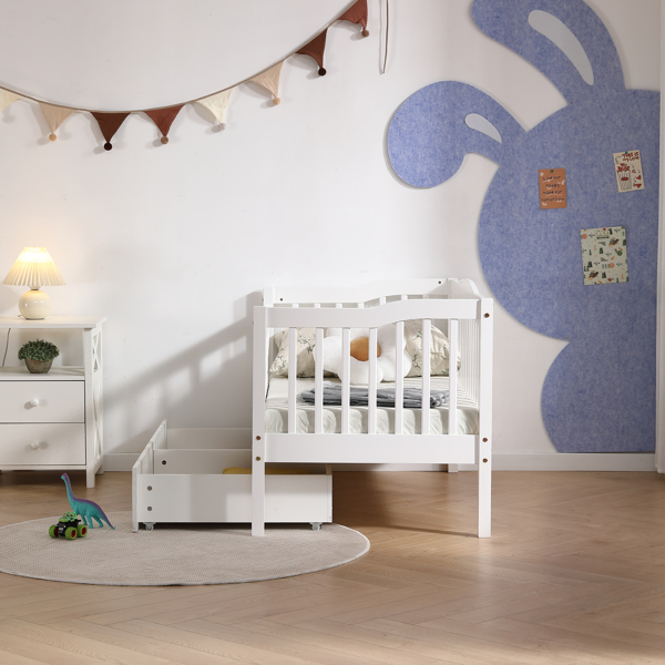 FCH Vertical Fence White Painted Pine Toddler Bed with Bottom Drawer and Side Car Bed