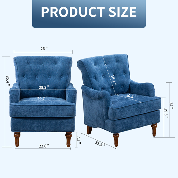 Accent Chair With Comfy Chenille Club Fabric,Comfy Upholstered Living Room Arm Chair,Springs Cushions & Retro Wooden Legs,Fabric Sofa Chair Reading Chair for Bedroom Office,Holds 300lbs(Blue)