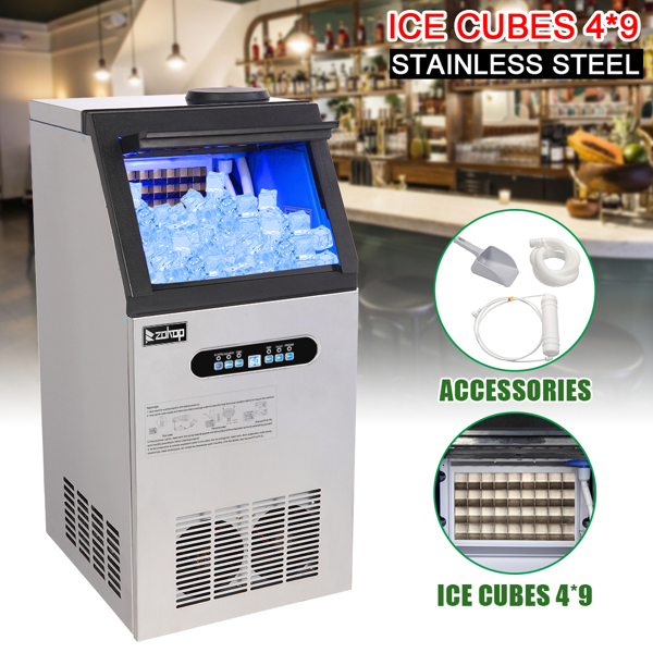  【same code：68367327】ZOKOP ZK-110 120V 240W 110lbs/50kg/24h Ice Maker Stainless Steel Transparent Frosted Lid/Display/4*9 Aluminum Ice Tray Commercial Silver