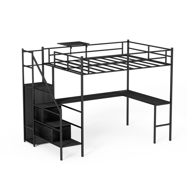 Full Size Metal Loft Bed with L-shaped Desk, LED Lights, Charging Cradle, LED Loft Bed Frame, Full Size Bed with One Cabinet Wardrobe and 2 Fabric Drawers, Safety Rails and Ladder, Black