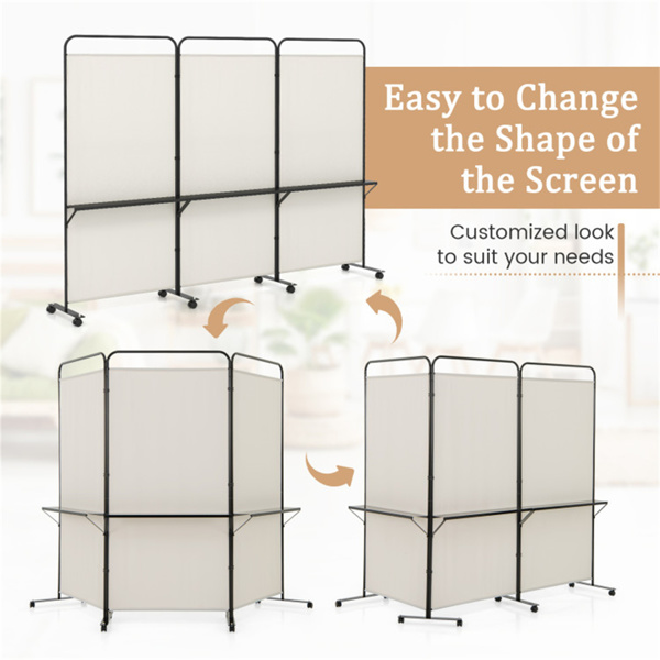 3-Panel Folding Divider with Lockable Wheels and 3 Metal Shelves White