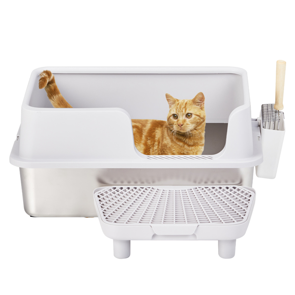 Stainless Steel Cat Litter Box with Lid, Extra Large Litter Pan with High Sides for Big Cats, Kitty Litter Box with Pedal Filter and Scoop, No Odor, Non-Sticky, Anti-Leakage, Easy Cleaning, Gray