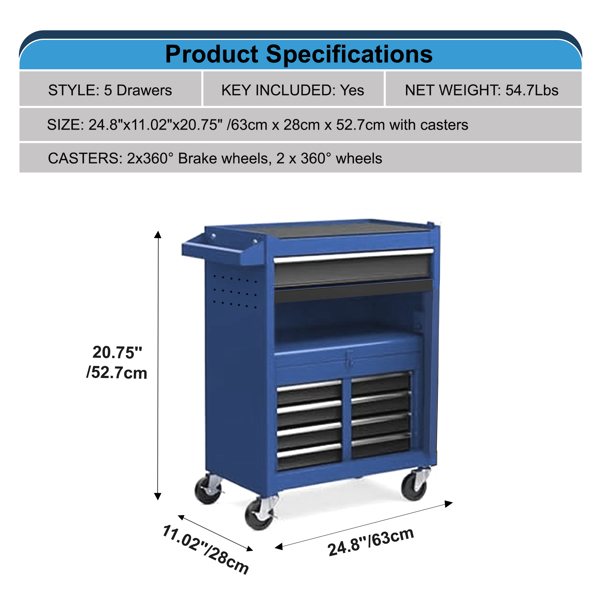 Tool Chest,5-Drawer Rolling Tool StorageCabinet with Enhanced Packaging, DetachableTop Tool Box, Metal Tool Cart for GarageWorkshop