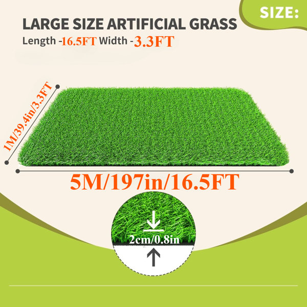 3ft x 16ft Premium Artificial Turf Mat with Drainage Holes. Thick Fake Grass with Rubber Backing, Ideal for Indoor/Outdoor Pet Areas, Garden, Lawn, Patio & Balcony Decor