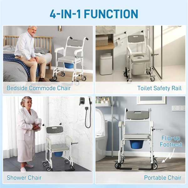 Gray Shower Commode Wheelchair,  Seniors Bedside Commode Chai