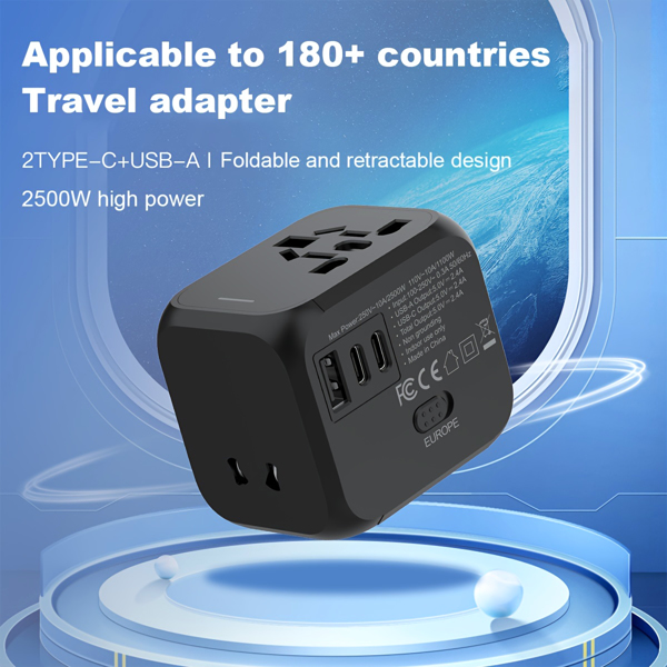 Foldable European Travel Plug Adapter – Universal Type C Adapter for 180+ Countries, Compact & Essential for International Travel