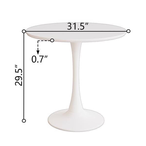 31.5 " White circular dining table, tulip dining table, kitchen dining table for 2-4 people, MDF tabletop and base, and 2 white PU plating silver metal leg dining chair set 2 