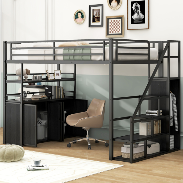 Full Size Metal Loft Bed with Storage Staircase and Wardrobe,Shelves and Lockers,Black