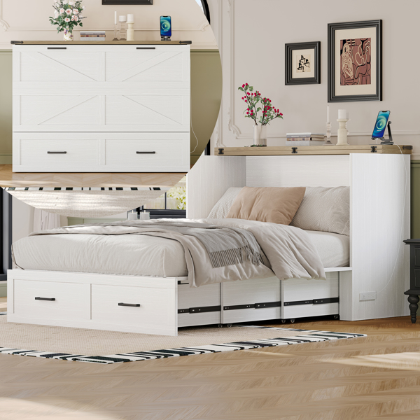 Full Size Farmhouse Murphy Cabinet Bed with Charging Station, Foldable Platform Bed with Large Storage Drawer for Guest-Room, Small Bedroom, White