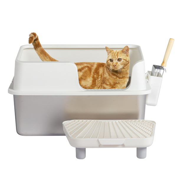 Stainless Steel Cat Litter Box with Lid, Extra Large Litter Pan with High Sides for Big Cats, Kitty Litter Box with Pedal Filter and Scoop, No Odor, Non-Sticky, Anti-Leakage, Easy Cleaning, White