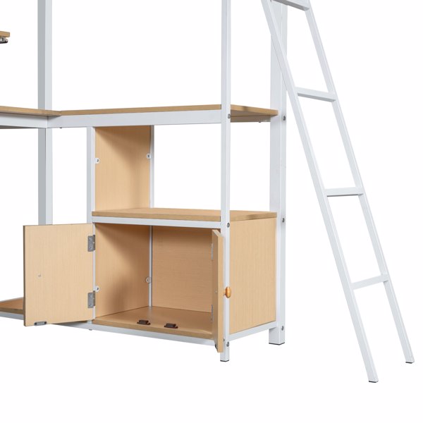 Twin Size Metal Loft Bed with Built-in Work Station, LED and Multiple Storage, White