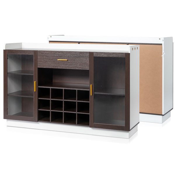 FCH Double Glass Door with Single Drawer and 12-Bottle Wine Rack Sideboard in Black Frame + White-Brown Interior Panels - Particle Board and Glass