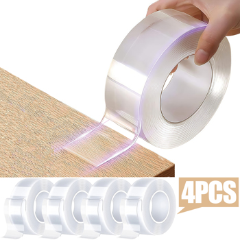 4pcs Strong Nano Double Sided Tape Heavy Duty, Clear Removable Double Sticky Stick Tape Adhesive Strips, No Damage Wall, Reusable Thick Wall mounting 1mm thick * 5cm wide * 3m long