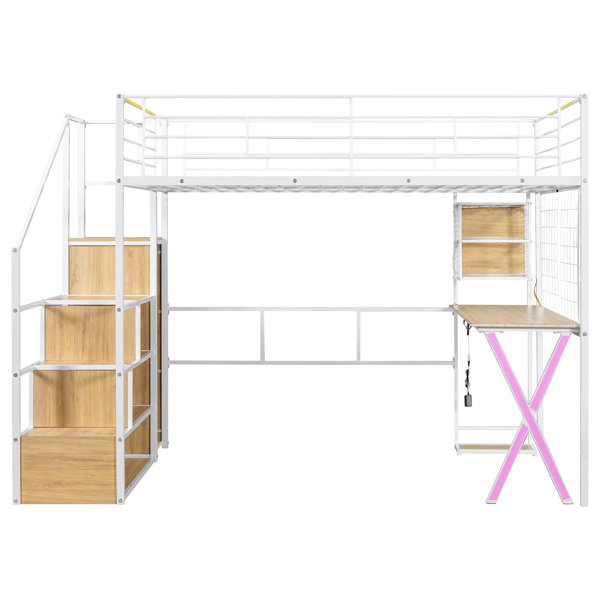 Full Size Metal Loft Bed with Built-in Work Station, Wardrobe, Storage Staircase and LED, White