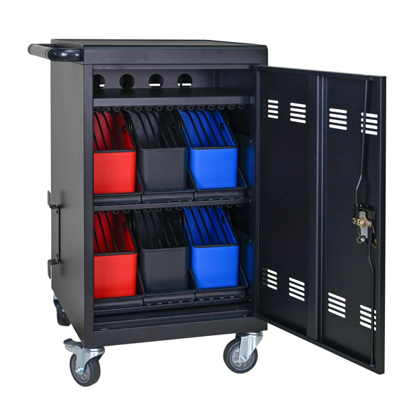 Tablet Laptop 32-bit-Plastic Device Basket Device for Mobile Charging Trolley- Includes Cable Management Dividers, Cable Clips, Storage Compartment, and Removable Doors (Black)