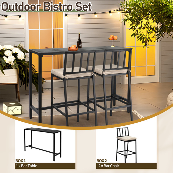 3 Piece Outdoor Patio Bar Set, 55" Rectangular Pub Height High Top Bar Table with 2 Cushioned Bar Stools, Metal Bar Table and Chairs Set for Balcony Backyard Porch