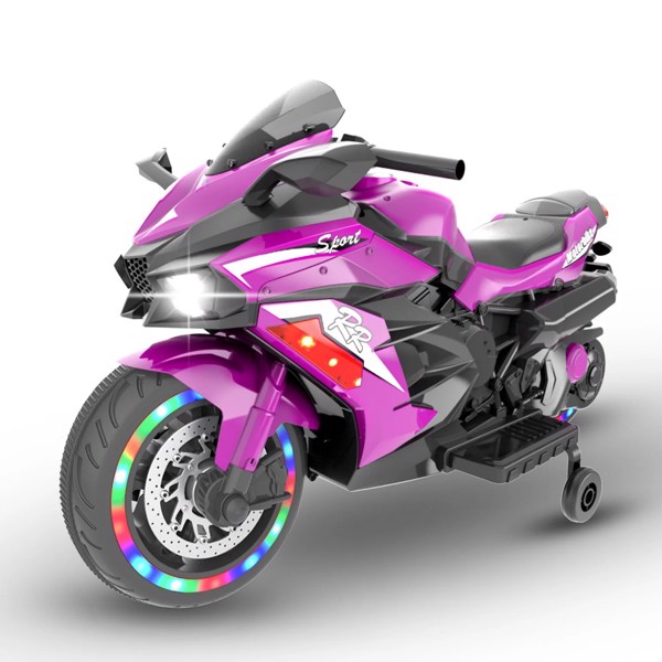 12V Kids Ride On Motorcycle, battery-powered kids' electric motorcycle with LED Nimbus toy, MP3, Bluetooth, purple, two wheels (not shipped on weekends)