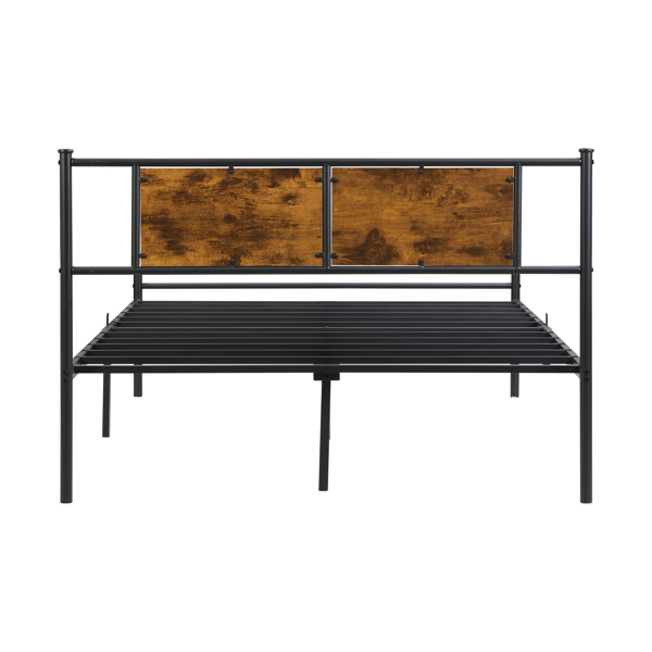 Full Size metal bedframe,Headboard with wood panel decoration,black