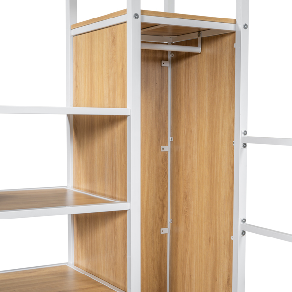 Full Size Metal Loft Bed with Built-in Work Station, Wardrobe, Storage Staircase and LED, White