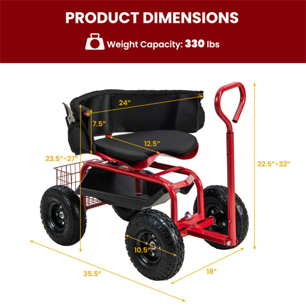 Garden Cart Height Adjustable Scooter with Swivel Seat & Tool Storage Red