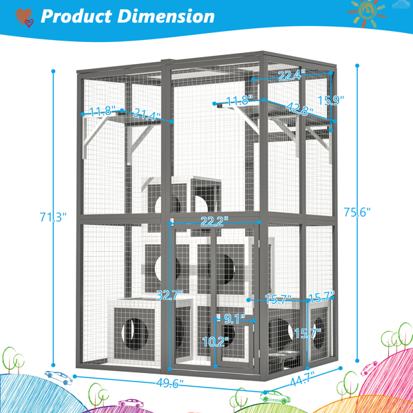 Outdoor Wooden Cat- Large Solid Wood Cat Cage Playpen with 2 Jumping Platforms & 7 Napping Houses, Walk-in Cat Kennel Condo Shelter, Grey