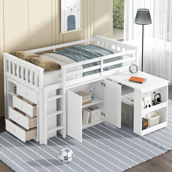 Twin Loft Bed with Storage Cabinet, Drawer and Shelf Cabinet and Pulling-Out Desk, Rubber Wood Loft Bed with Safety Guardrail, Ladder,White