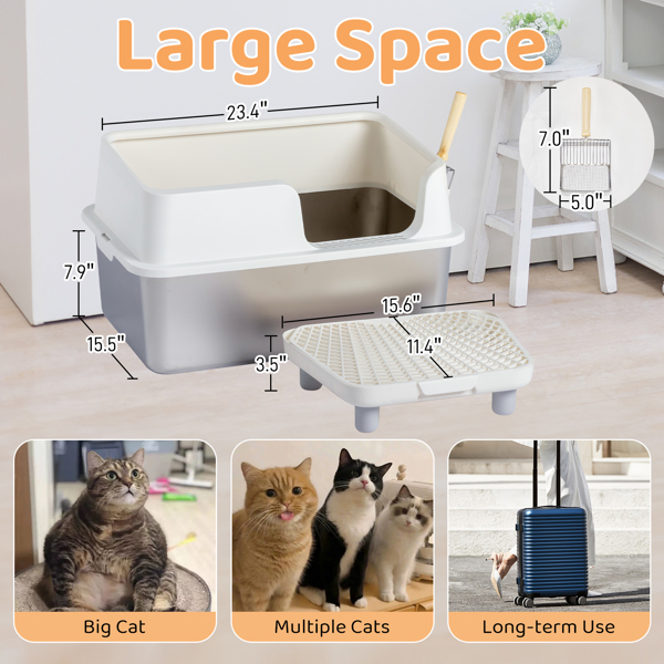 Stainless Steel Cat Litter Box with Lid, Extra Large Litter Pan with High Sides for Big Cats, Kitty Litter Box with Pedal Filter and Scoop, No Odor, Non-Sticky, Anti-Leakage, Easy Cleaning, White