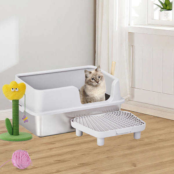 Stainless Steel Cat Litter Box with Lid, Extra Large Litter Pan with High Sides for Big Cats, Kitty Litter Box with Pedal Filter and Scoop, No Odor, Non-Sticky, Anti-Leakage, Easy Cleaning, Gray