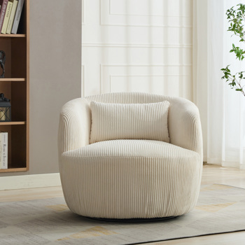 34.25 \\"Wide Upholstered Corduroy Metal Base 360° Swivel Barrel Soft Chair with Pillow, for Club, Living Room, Bedroom, Office as well as Reading Armchair, Ivory.