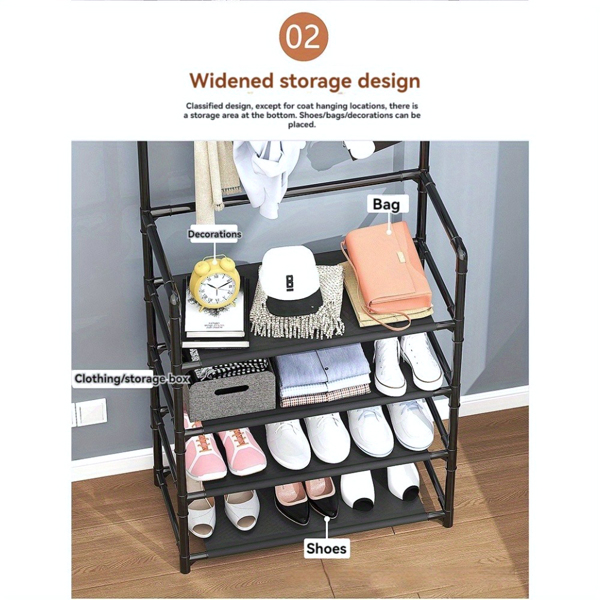 5-Tier Multi-Functional Shoe Rack & Coat Stand – Freestanding Entryway Organizer for Shoes, Boots, Hats & Coats, Fits 10-15 Pairs, Ideal for Bedrooms, Hallways & Dorms