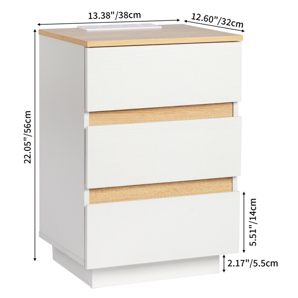 FCH Embossed White + Embossed Oak E1 Particleboard 12MM Handle-free 38*32*56cm 3 drawers Bedside table British standard socket 1pc