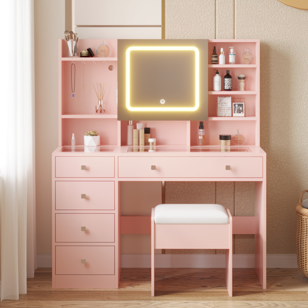 Apple Pink Textured Particle Board with Melamine Laminate, Tempered Glass Top, Five-Drawer Dressing Table Set with Shelves, Hooks, Power Strip, and LED Three-Color Dimmable Light