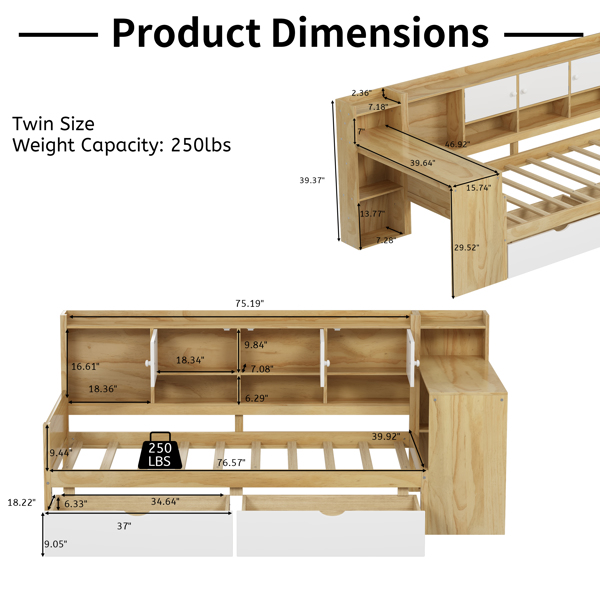 Wooden L-Shape Daybed with Seven Storage Cabinets and Two Storage Drawers, Multi-functional Bed with Study Desk and Built-in Bookshelf, Natural+White