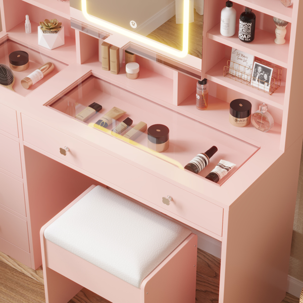 Apple Pink Textured Particle Board with Melamine Laminate, Tempered Glass Top, Five-Drawer Dressing Table Set with Shelves, Hooks, Power Strip, and LED Three-Color Dimmable Light