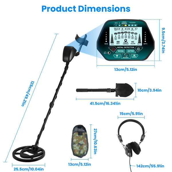 Professional Metal Detector Set Gold Finder for Adults Beginners with 10.04In Waterproof Coil LCD Display All Metal DISC PP Mode Foldable Shovel Headphone