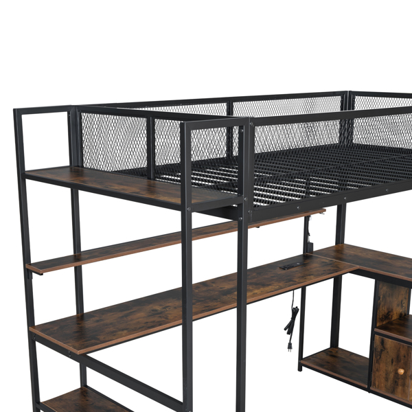Twin Size Metal Loft Bed with Built-in Work Station, LED and Multiple Storage, Black