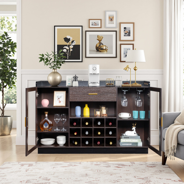 FCH Double Glass Door with Single Drawer and 12-Bottle Wine Rack Sideboard in Black Frame + Gray-Brown Interior Panels - Particle Board and Glass