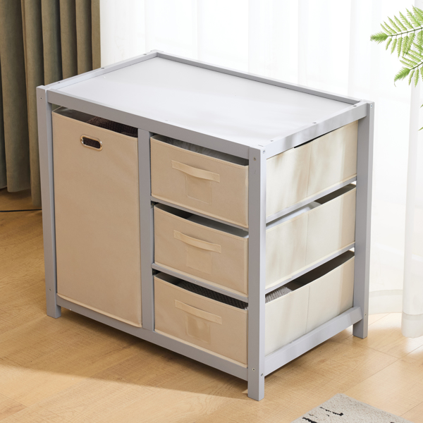 FCH Wooden Frame Removable Top Gray Painted Pine Children's Cot with 3 Fabric Drawers + 1 Fabric Bag