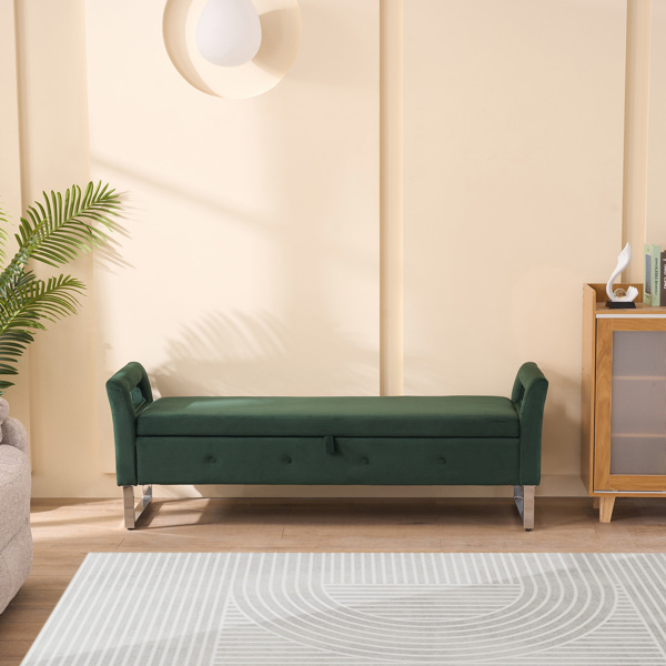 67.91"Wide Velvet Storage Soft Bench with Armrests  for Living Room, Entryway and Bedroom. GREEN